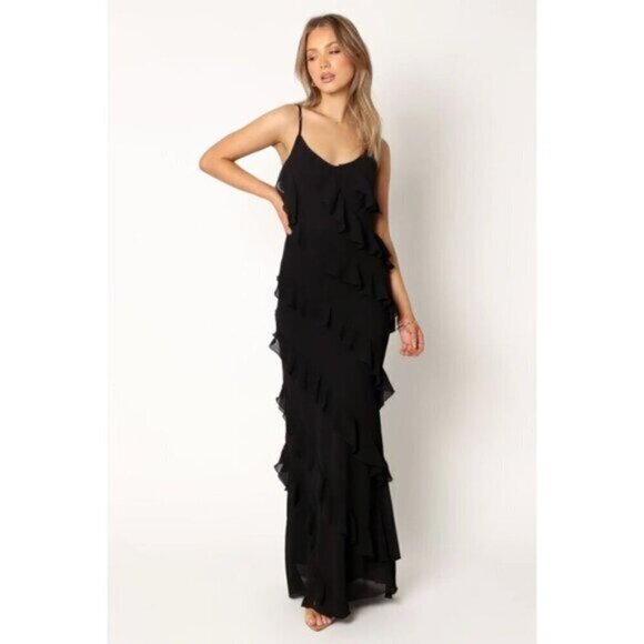 PETAL & PUP Ciao Ruffle Chiffon Gown in Black Size Large - Picture 1 of 14